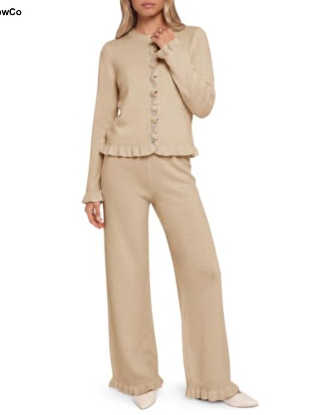 Ruffle Cardigan Sweater Set Button Knit 2 Piece Wide Leg Lounge Outfit
